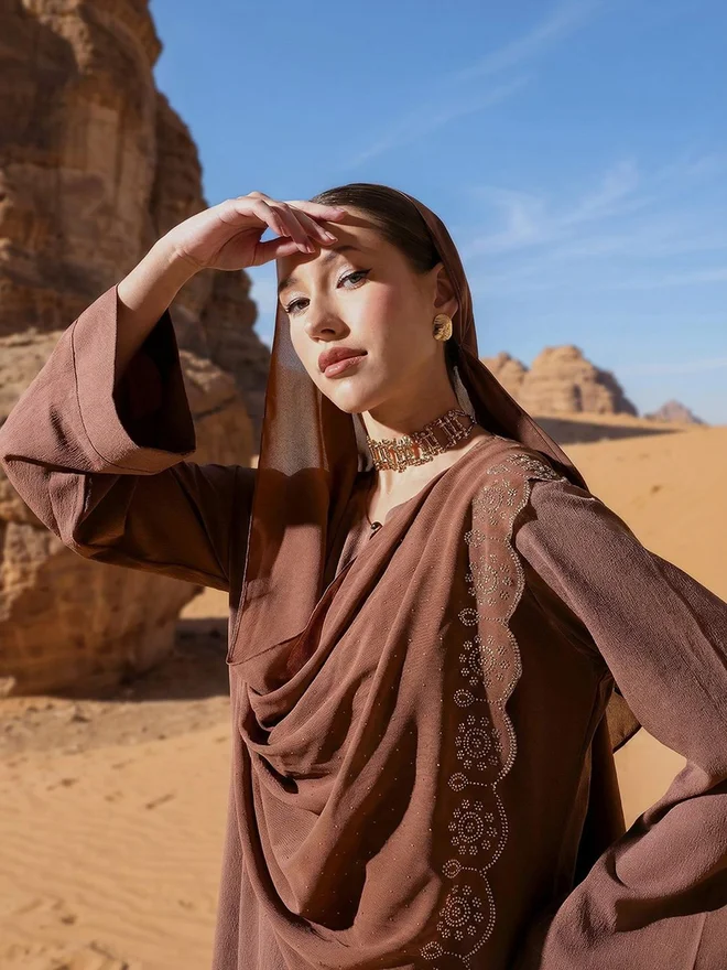 ISHIN ISHIN Brown Georgette Regular Abaya with Embellished Hijab